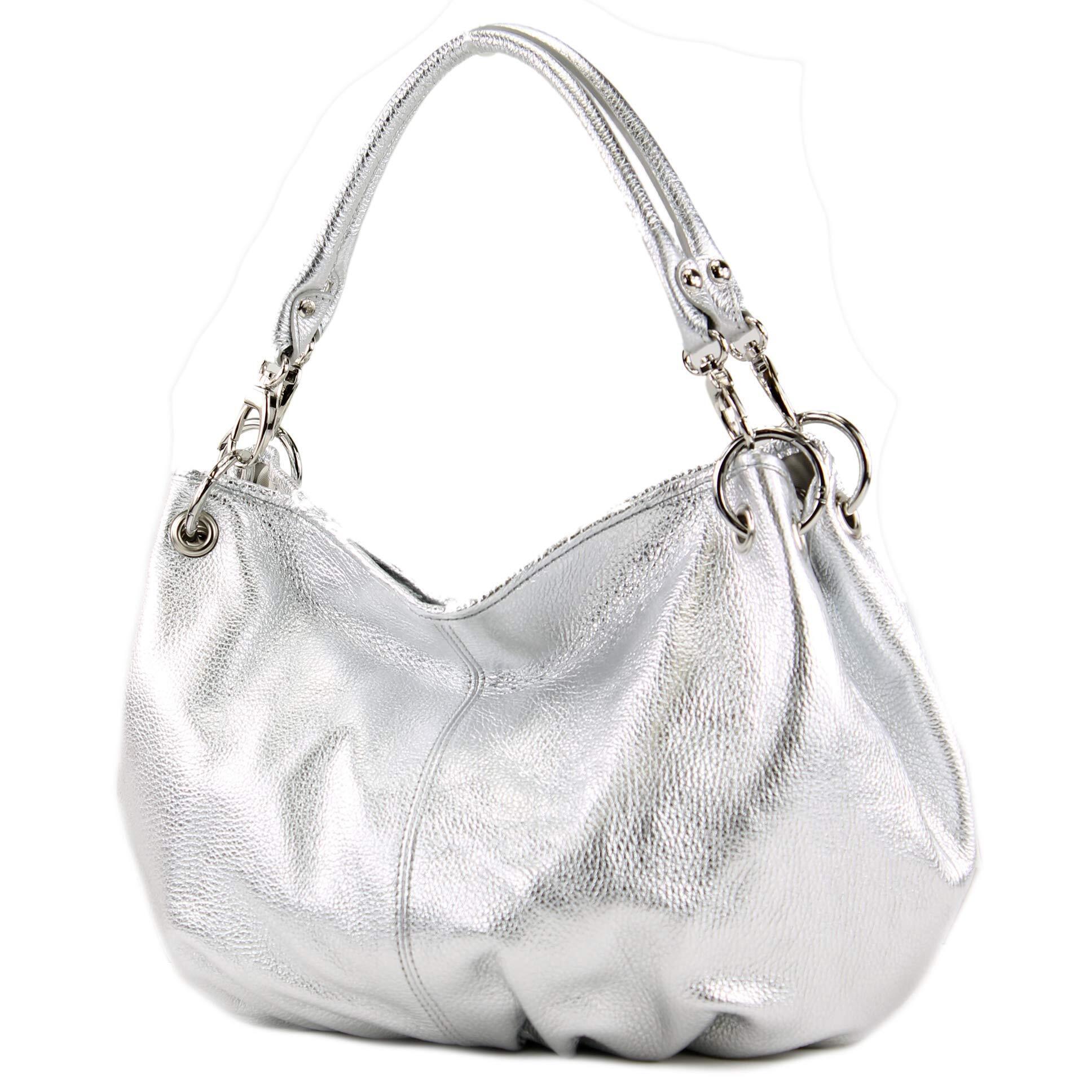 5477 It40 - Italian Leather Shoulder Bag Silver Metallic